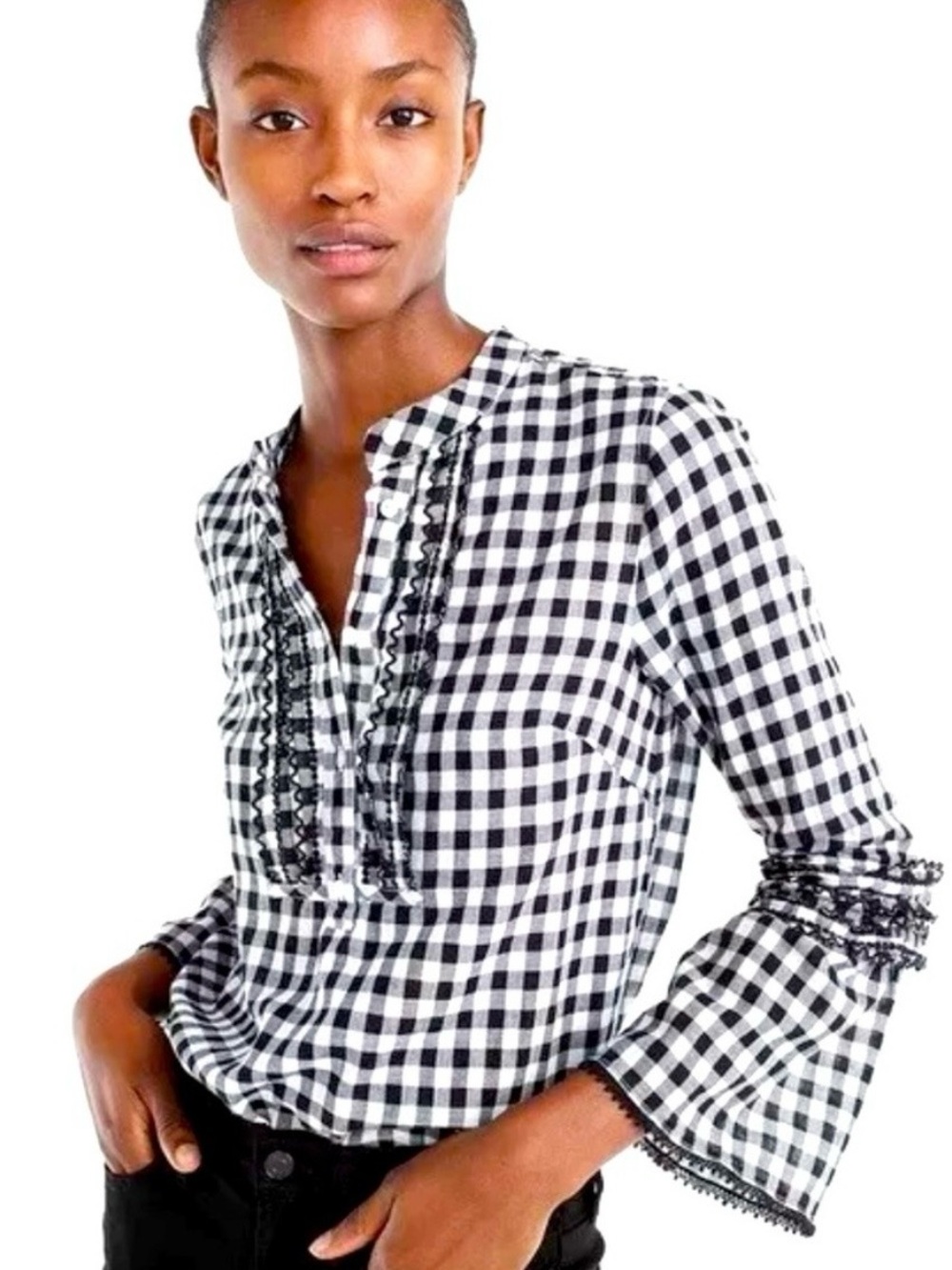 J Crew Black & White Gingham Ruffled Bell Sleeve Top